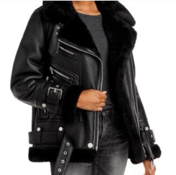 The Arrivals Women's Black Leather And Sherling Jacket,black Size Medium - Picture 2 of 8